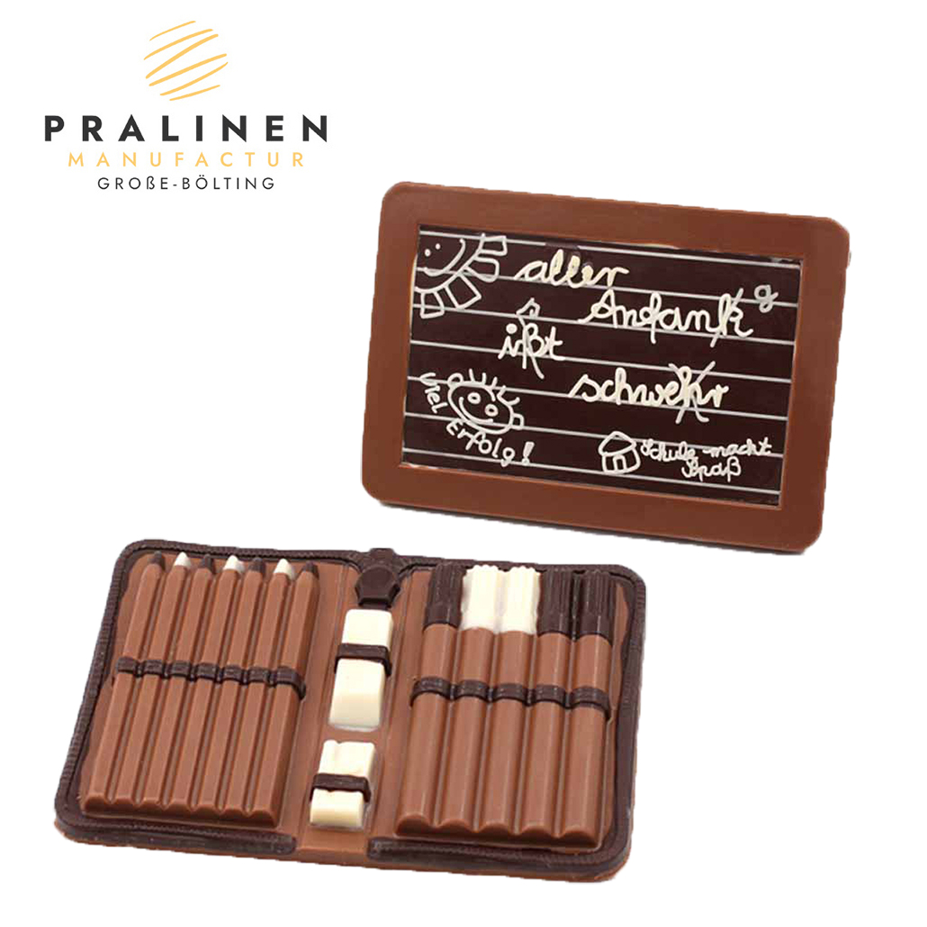 Etui und Tafel Geschenk zur Einschulung, Schokofigur Einschulng, Schoko Etui, Schoko Schultafel